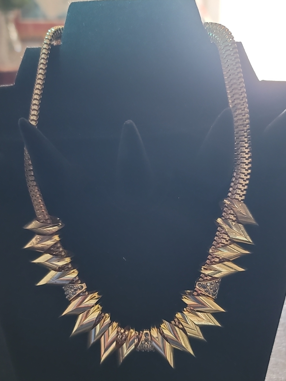 Gold Spike Statement Necklace with Black Rhinestine Accents